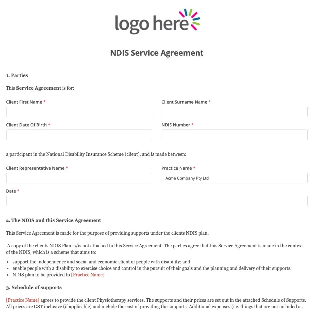 NDIS Service Agreement Online form templates Australia