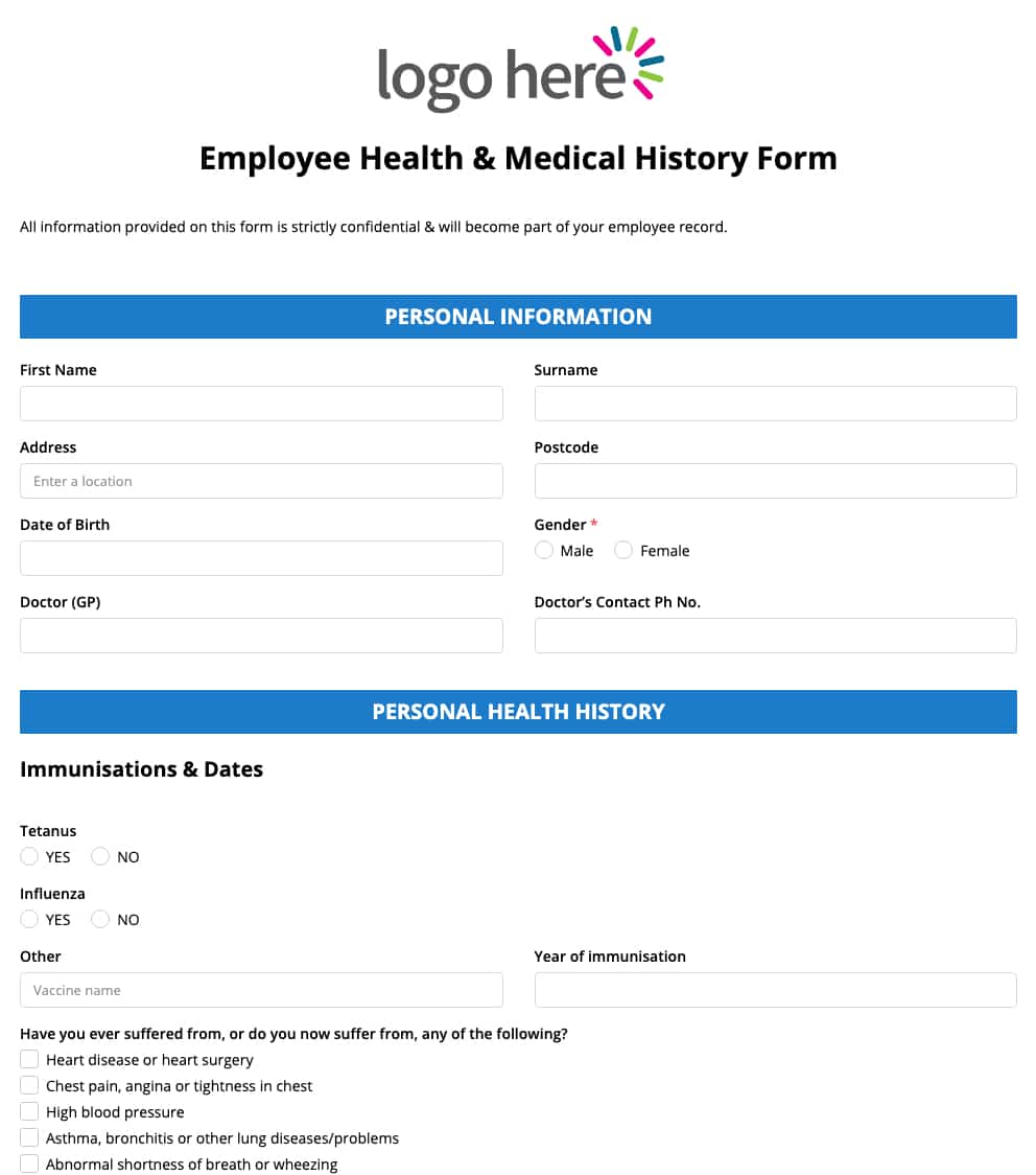 Employee Health And Medical History Form Snapforms Australia