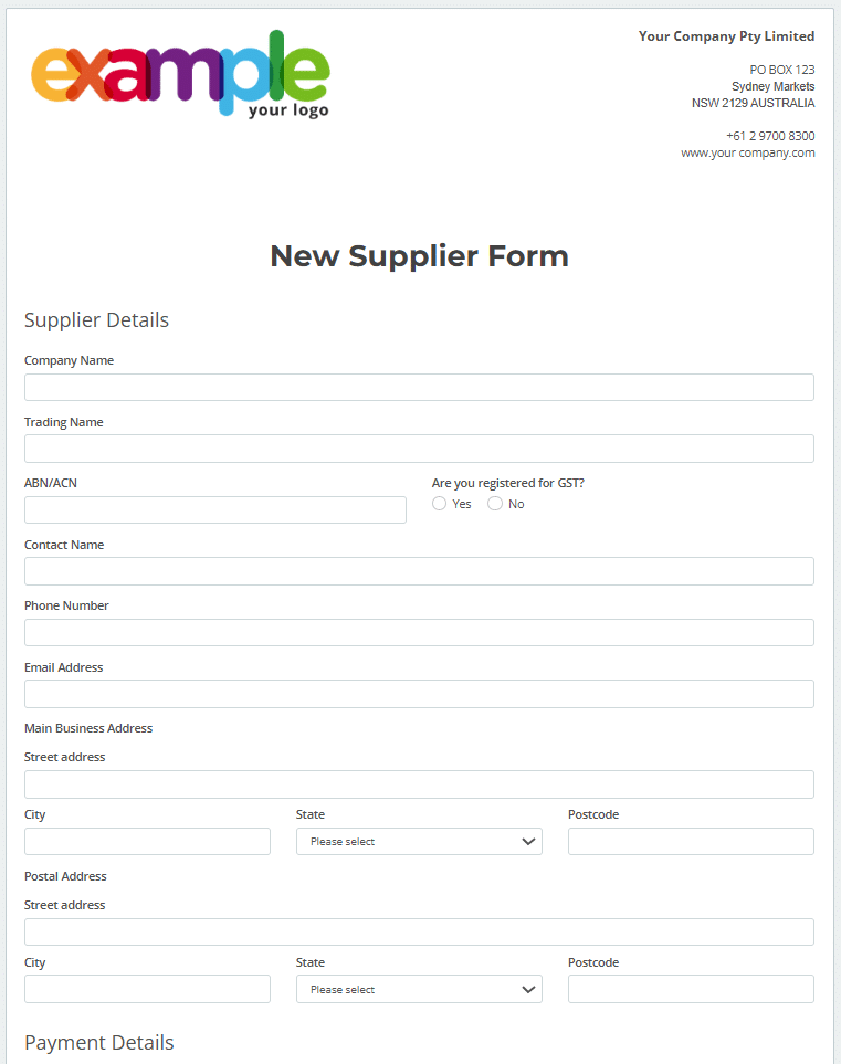 Screenshot of a New Supplier Form template used to collect supplier details for input into a purchasing system.
